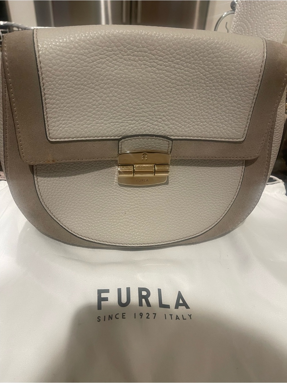 Furla Taupe and Cream Pebbled Leather Crossbody